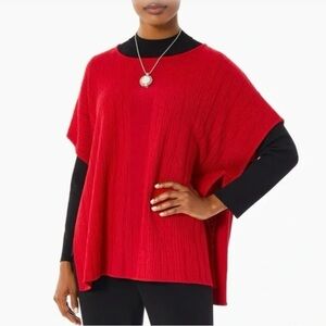 NWT New Ming Wang Red Striped Short Sleeve Cozy Knit Poncho Top Size L/XL